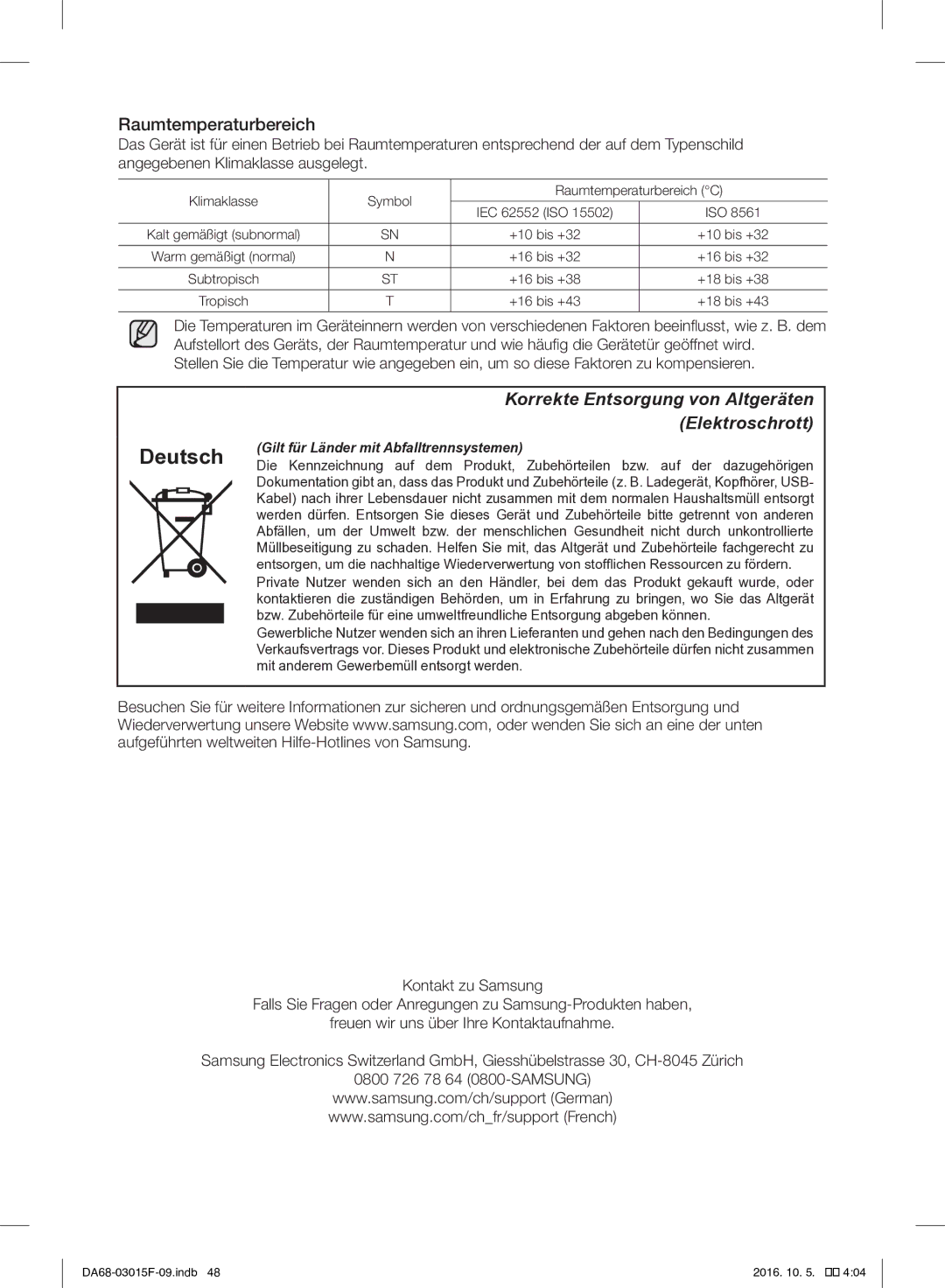 Samsung RH57H90607F/WS, RH57H90607F/EG manual Deutsch, Raumtemperaturbereich 