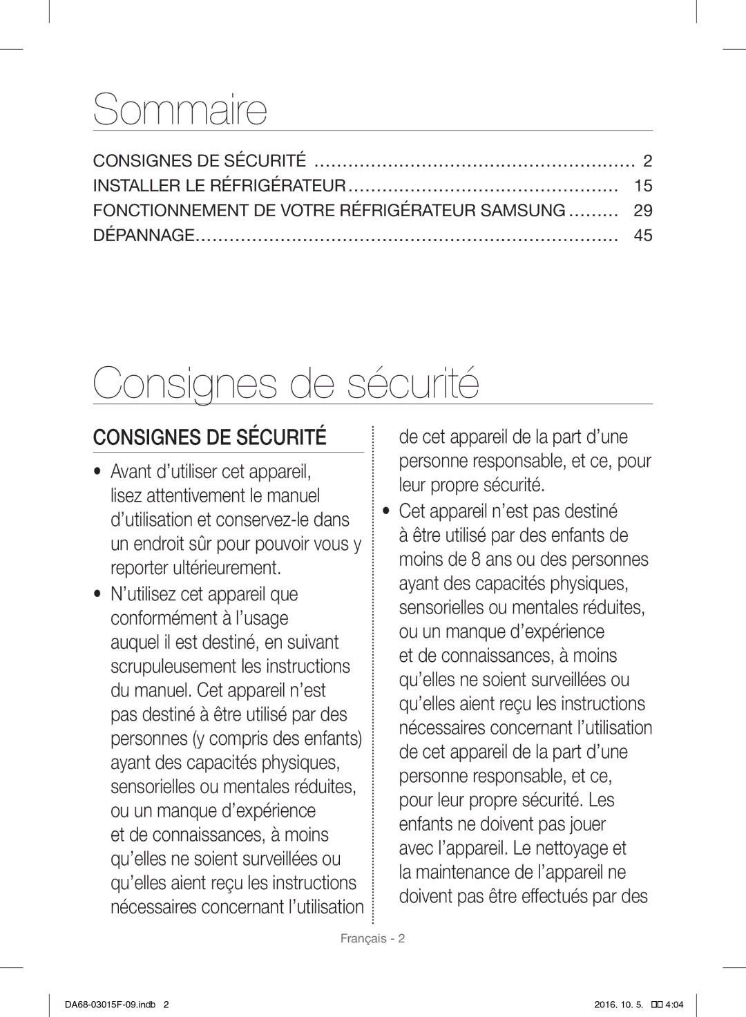 Samsung RH57H90607F/WS, RH57H90607F/EG manual Sommaire, Consignes de sécurité, Consignes DE Sécurité 