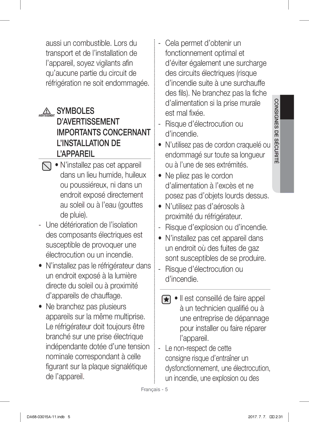 Samsung RH5GH90707F/EG, RH57H90707F/EG manual Symboles, De pluie, Risque d’électrocution ou d’incendie, Desécurité Consignes 