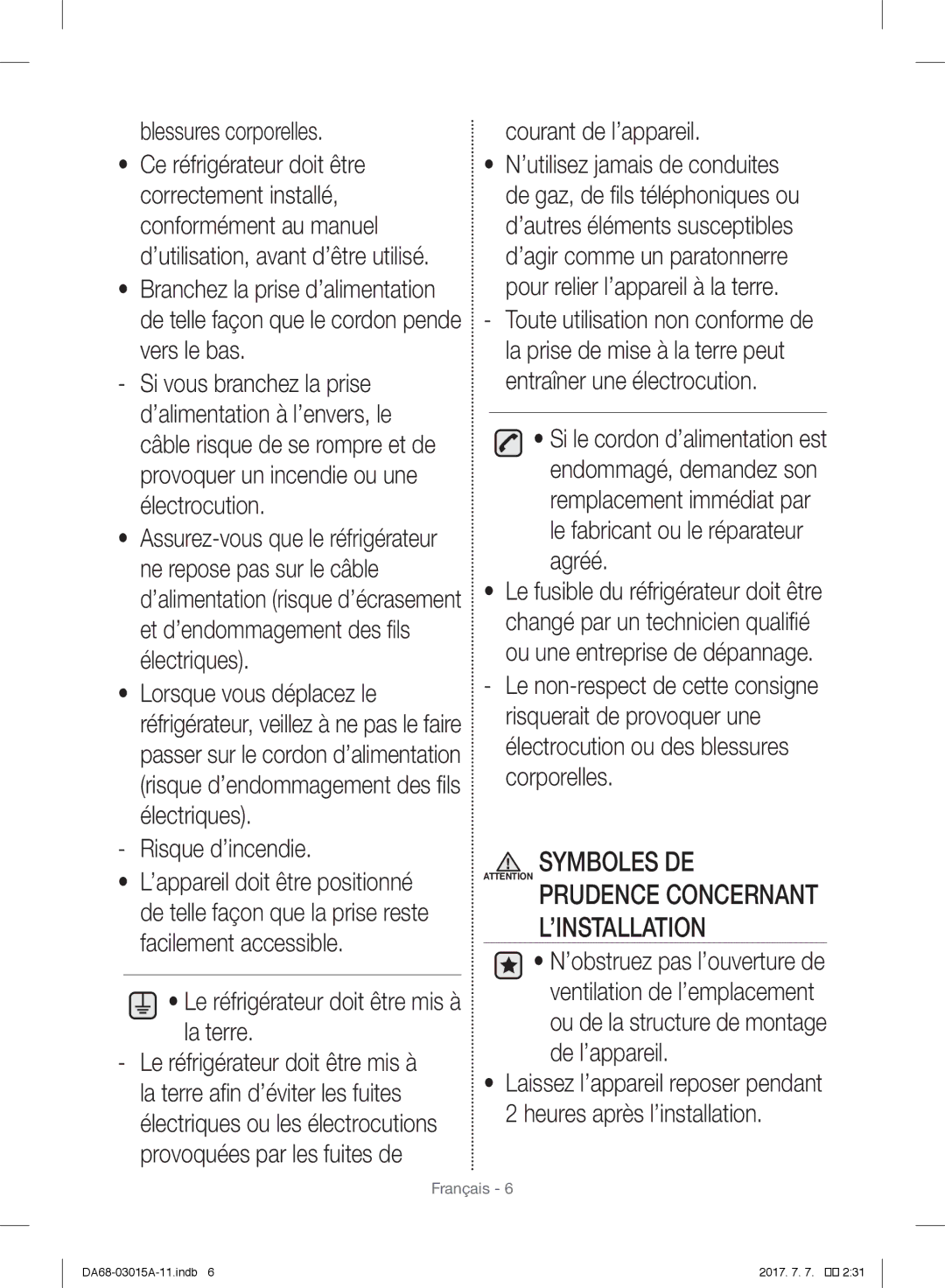 Samsung RH57H90507F/EO Symboles DE, Blessures corporelles, Risque d’incendie, Le réfrigérateur doit être mis à la terre 