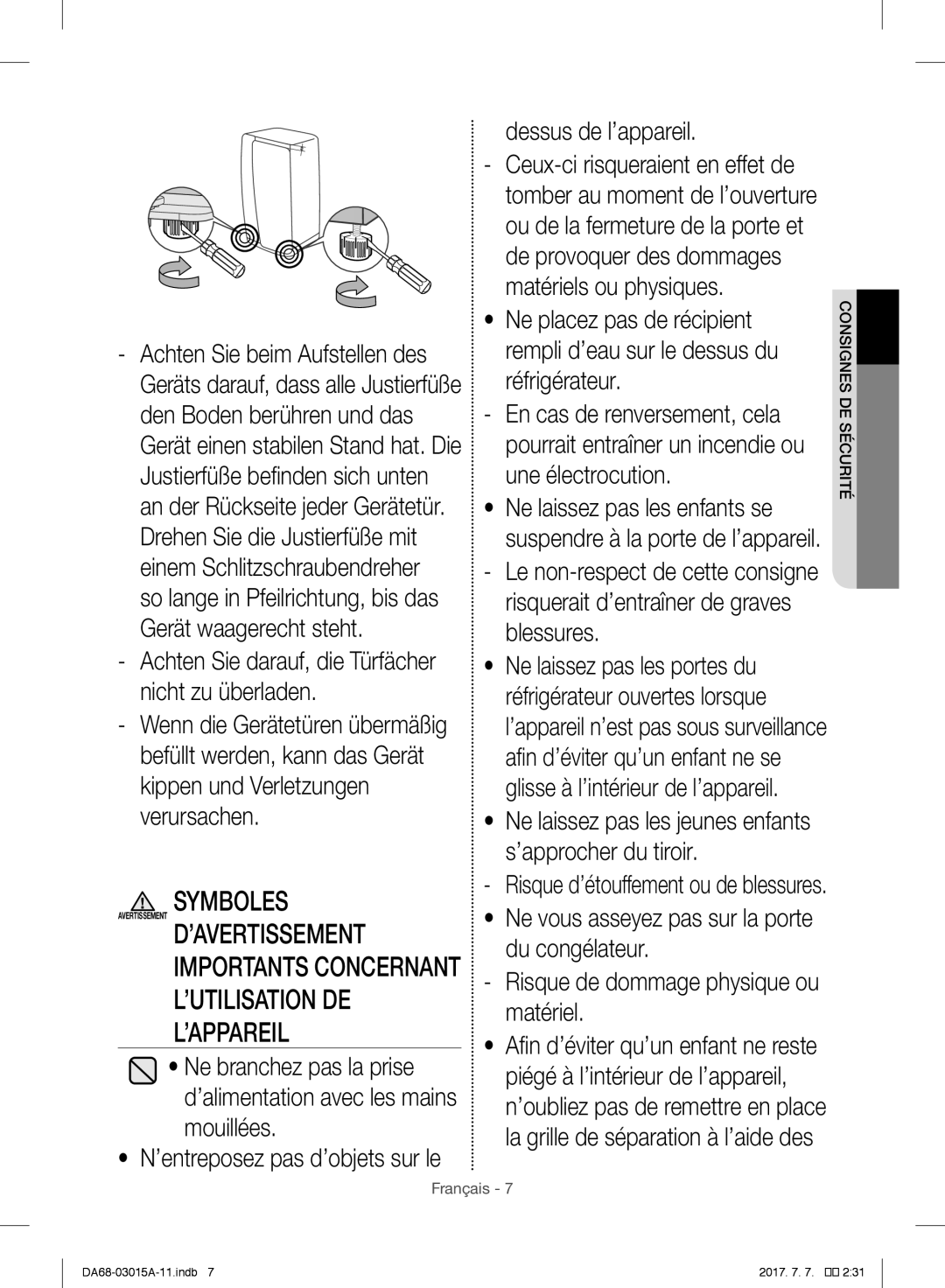 Samsung RH60H8160SL/EG, RH57H90707F/EG, RH5GH90707F/EG manual Ne laissez pas les jeunes enfants s’approcher du tiroir 