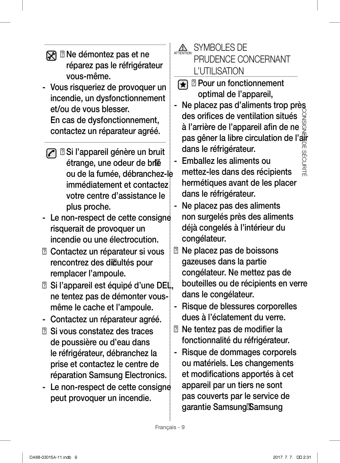 Samsung RH57H90707F/EG, RH5GH90707F/EG, RH57H90507F/EO, RH60H8160SL/EG manual Symboles DE, Contactez un réparateur agréé 