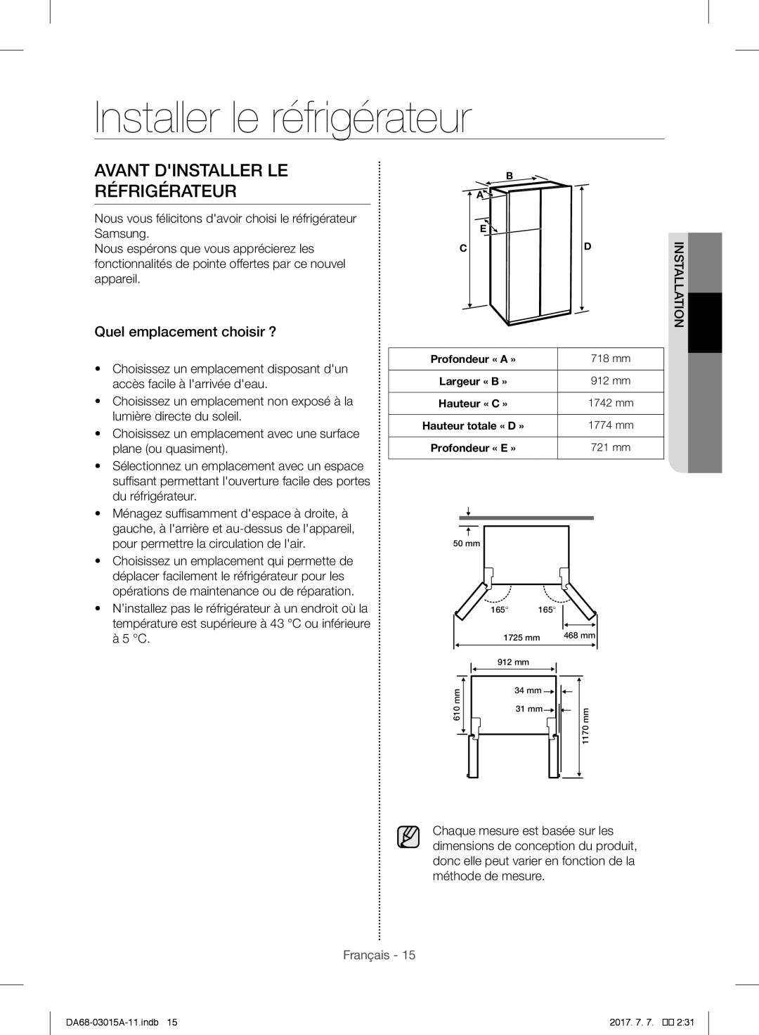 Samsung RH5GH90707F/EG manual Installer le réfrigérateur, Avant Dinstaller LE Réfrigérateur, Quel emplacement choisir ? 