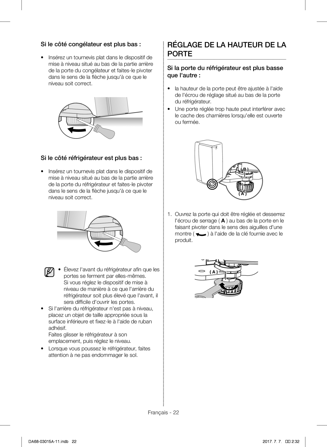 Samsung RH60H8160SL/EG, RH57H90707F/EG manual Réglage DE LA Hauteur DE LA Porte, Si le côté congélateur est plus bas 