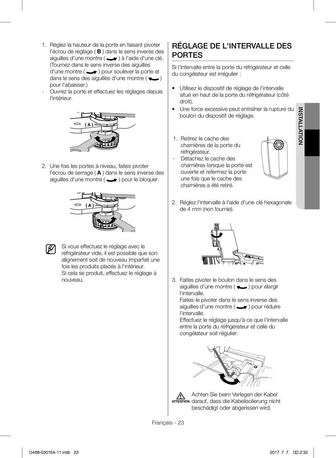 Samsung RH57H90507F/EF, RH57H90707F/EG, RH5GH90707F/EG manual Réglage DE Lintervalle DES Portes, De 4 mm non fournie 