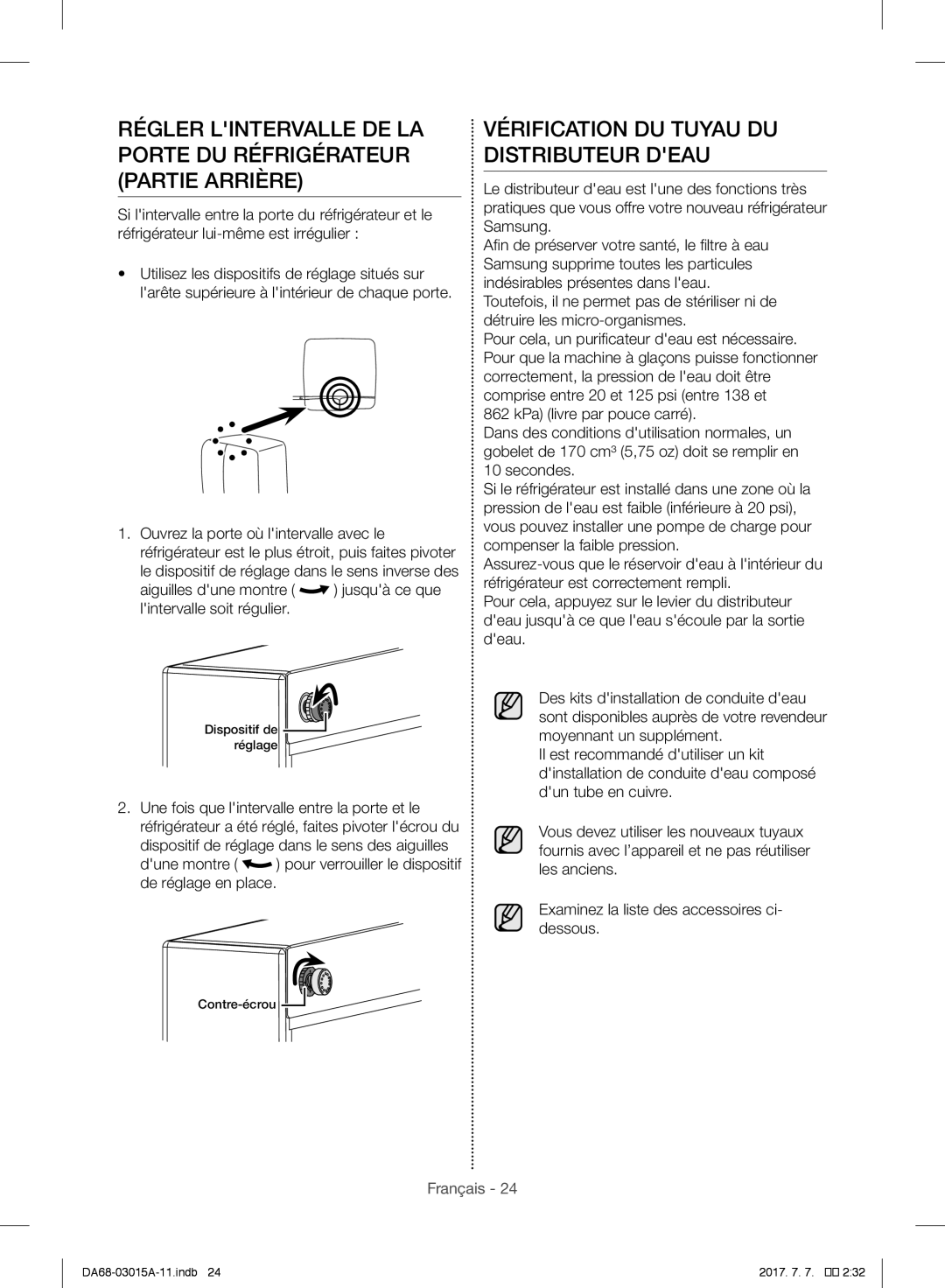 Samsung RH57H90707F/EG, RH5GH90707F/EG, RH57H90507F/EO, RH60H8160SL/EG manual Vérification DU Tuyau DU Distributeur Deau 