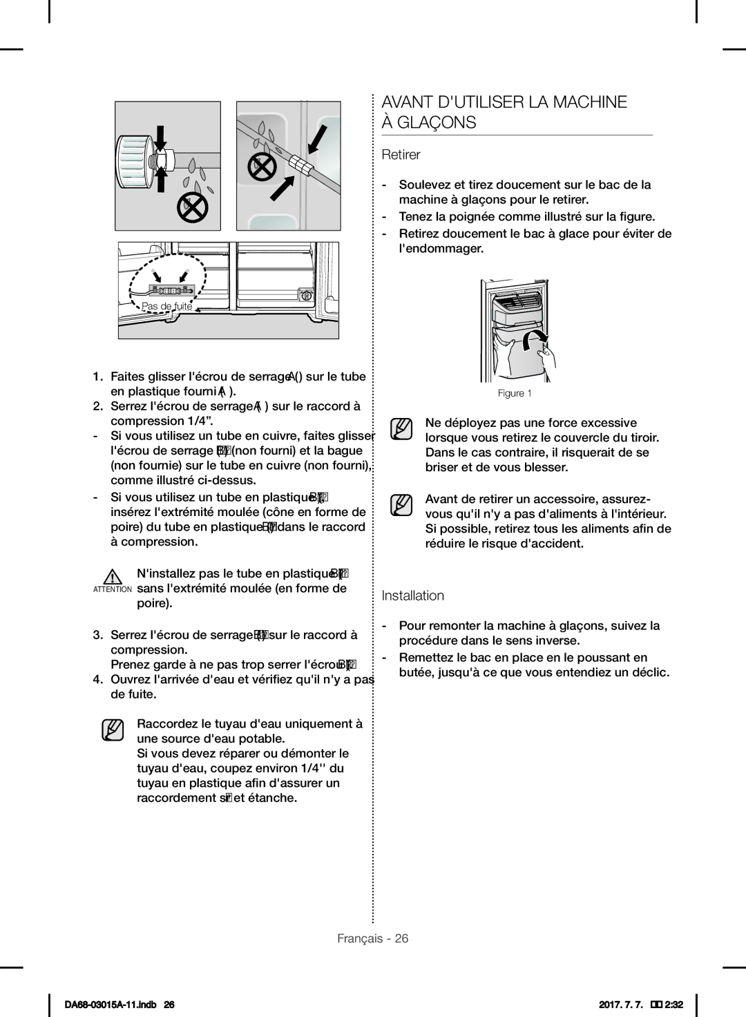 Samsung RH57H90507F/EO, RH57H90707F/EG, RH5GH90707F/EG manual Avant Dutiliser LA Machine À Glaçons, Retirer, Installation 