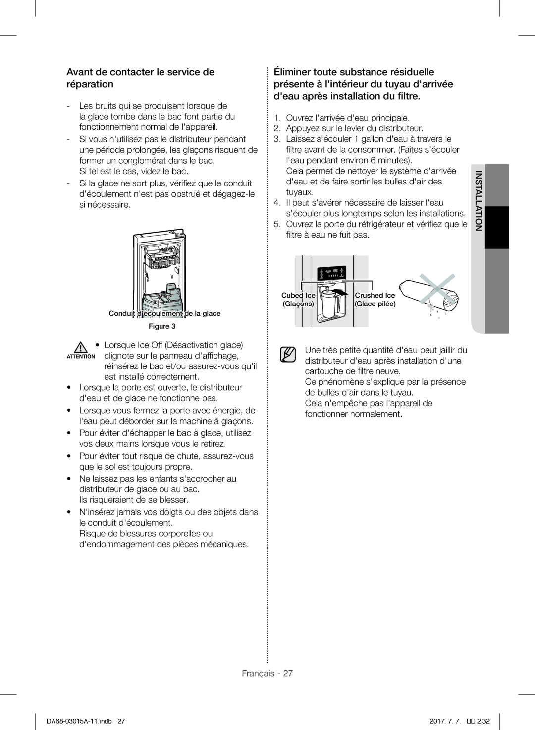 Samsung RH60H8160SL/EG manual Avant de contacter le service de réparation, Cubed Ice Crushed Ice Glaçons Glace pilée 