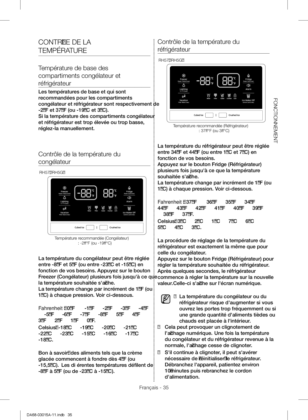 Samsung RH5GH90707F/EG, RH57H90707F/EG manual Contrôle DE LA Température, Contrôle de la température du congélateur 