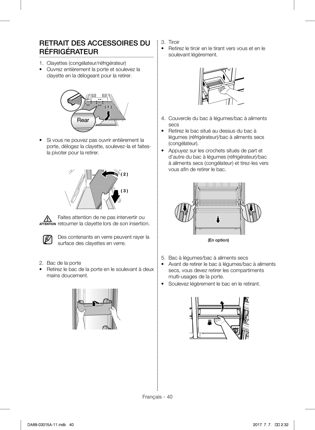 Samsung RH5GH90707F/EG, RH57H90707F/EG manual Retrait DES Accessoires DU Réfrigérateur, Clayettes congélateur/réfrigérateur 