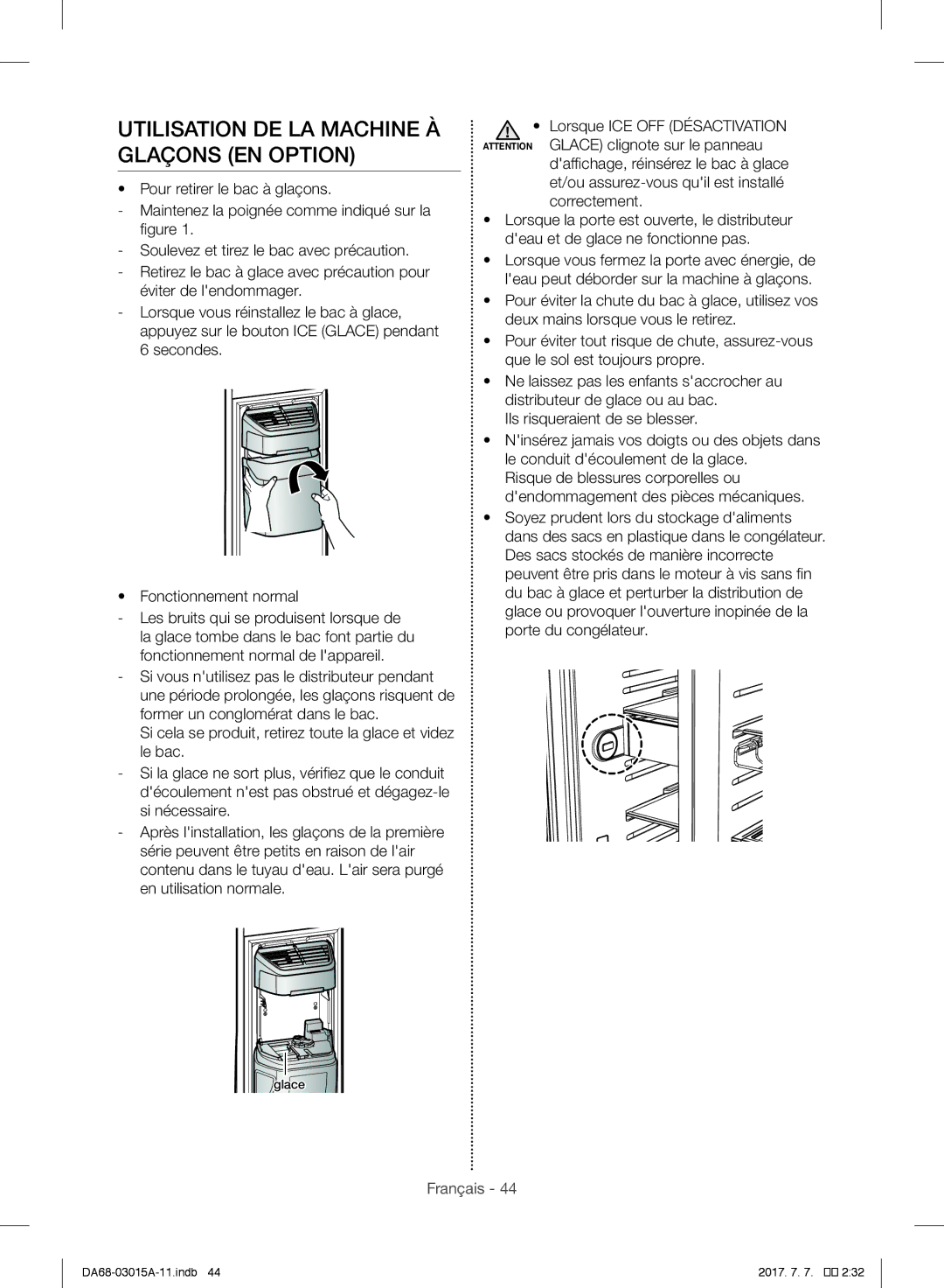 Samsung RH57H90707F/EG, RH5GH90707F/EG, RH57H90507F/EO, RH60H8160SL/EG manual Utilisation DE LA Machine À Glaçons EN Option 