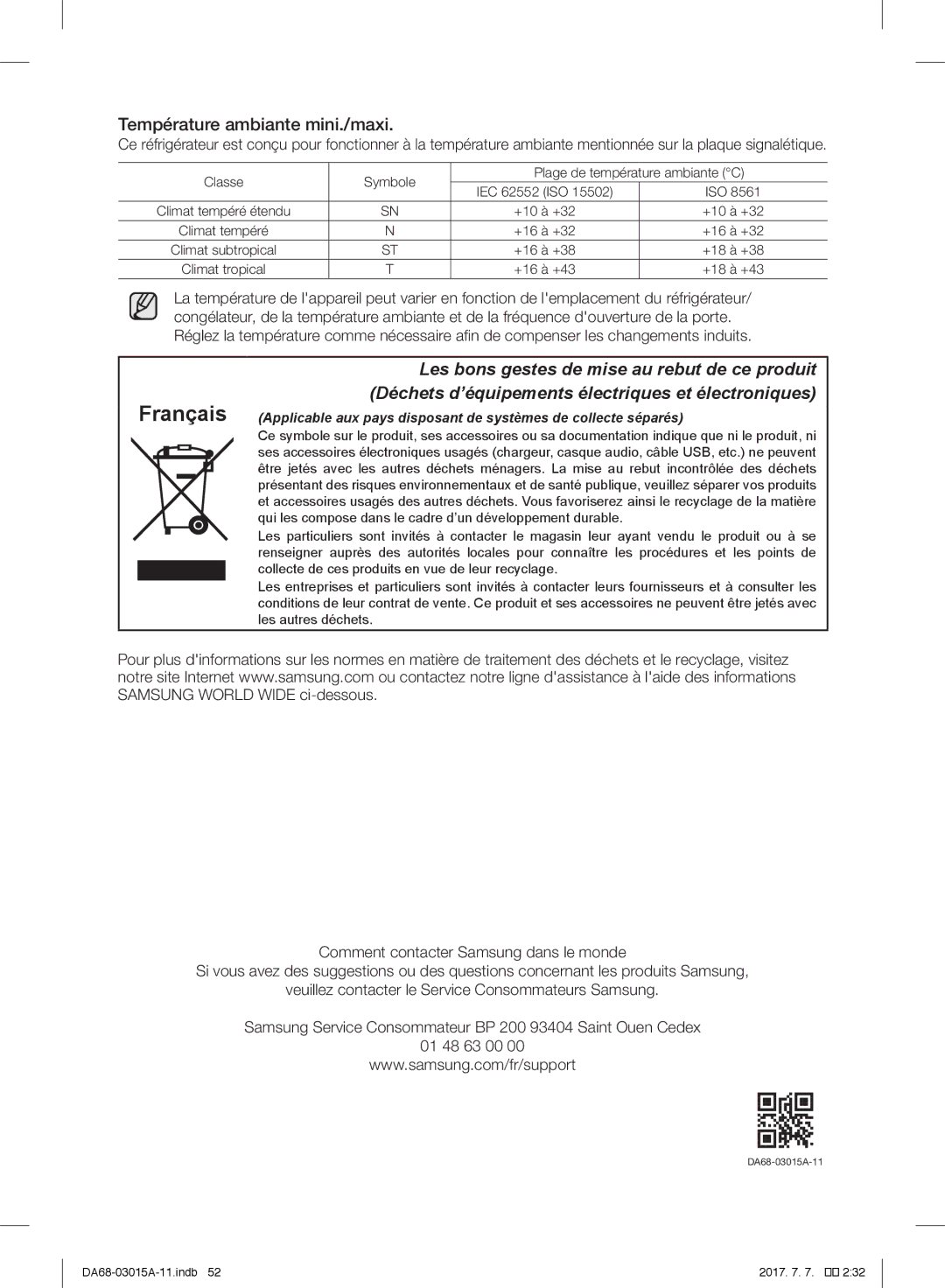 Samsung RH60H8160SL/EG, RH57H90707F/EG, RH5GH90707F/EG, RH57H90507F/EO, RH57H90507F/EF manual Température ambiante mini./maxi 