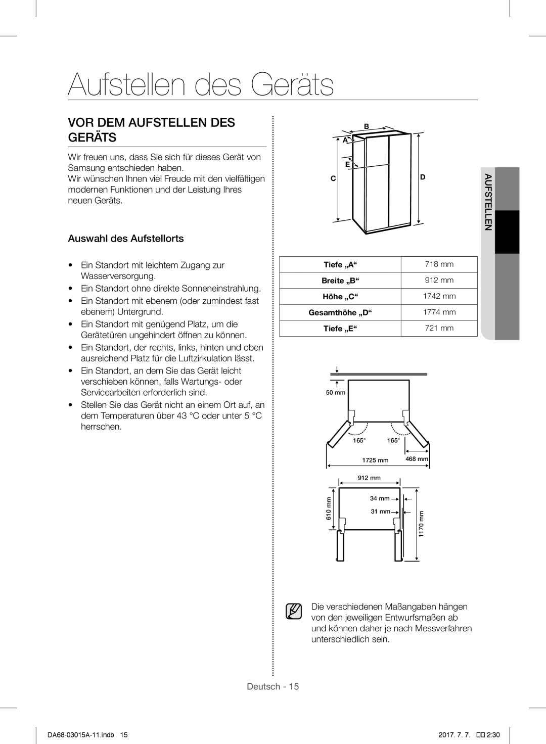 Samsung RH57H90707F/EG, RH5GH90707F/EG manual Aufstellen des Geräts, VOR DEM Aufstellen DES Geräts, Auswahl des Aufstellorts 