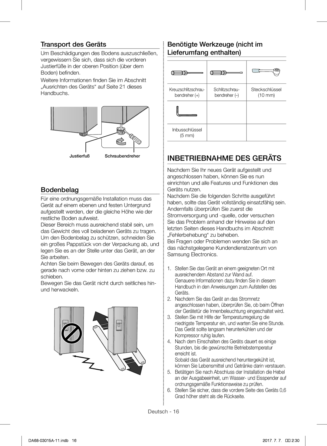 Samsung RH5GH90707F/EG, RH57H90707F/EG, RH57H90507F/EO, RH60H8160SL/EG manual Inbetriebnahme DES Geräts, Transport des Geräts 