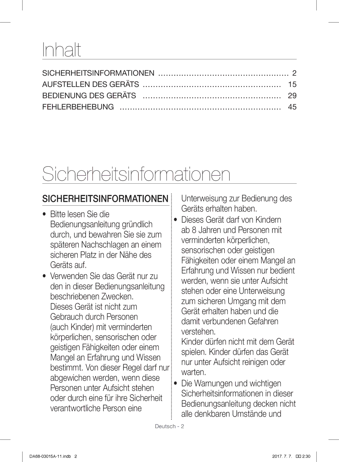 Samsung RH57H90507F/EO manual Inhalt, Sicherheitsinformationen, Unterweisung zur Bedienung des Geräts erhalten haben 