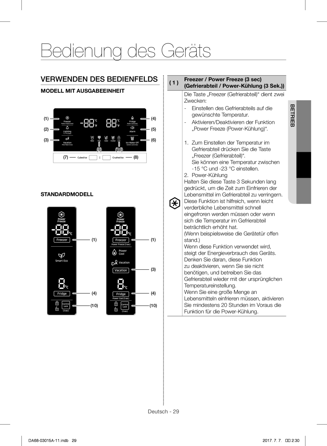 Samsung RH57H90507F/EF, RH57H90707F/EG, RH5GH90707F/EG manual Bedienung des Geräts, Freezer / Power Freeze 3 sec, Zwecken 