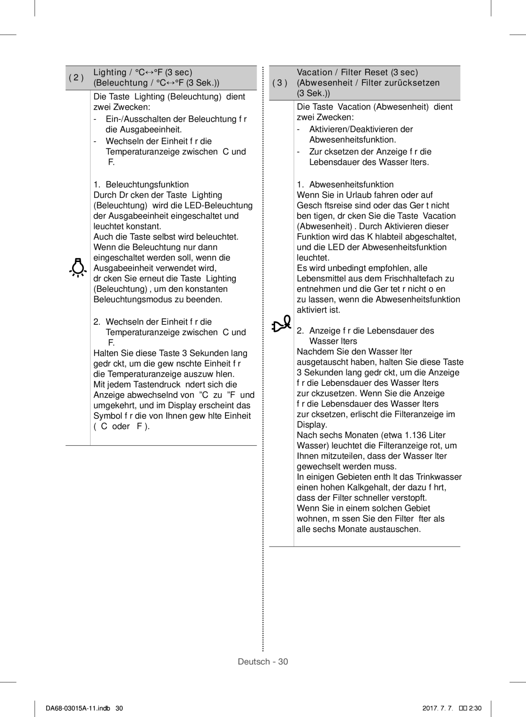 Samsung RH57H90707F/EG Die Taste „Lighting Beleuchtung dient, Zwei Zwecken, Aktiviert ist, Alle sechs Monate austauschen 