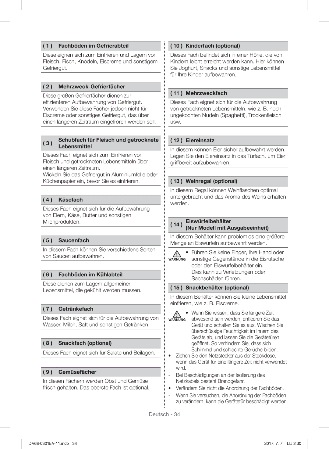 Samsung RH57H90507F/EF manual Fachböden im Gefrierabteil, Mehrzweck-Gefrierfächer, Mehrzweckfach, Eiereinsatz, Lebensmittel 