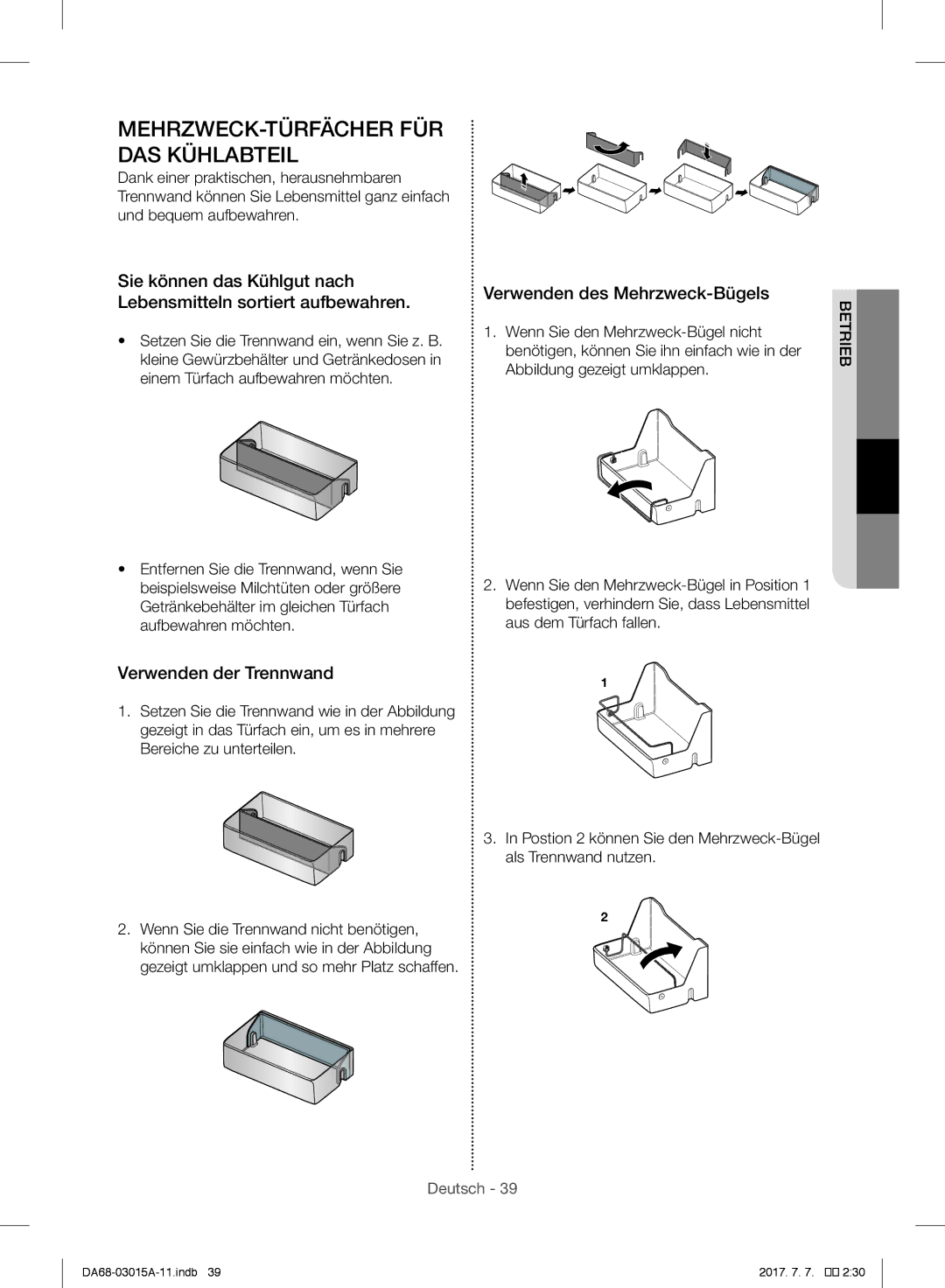 Samsung RH57H90507F/EF MEHRZWECK-TÜRFÄCHER FÜR DAS Kühlabteil, Verwenden der Trennwand, Verwenden des Mehrzweck-Bügels 