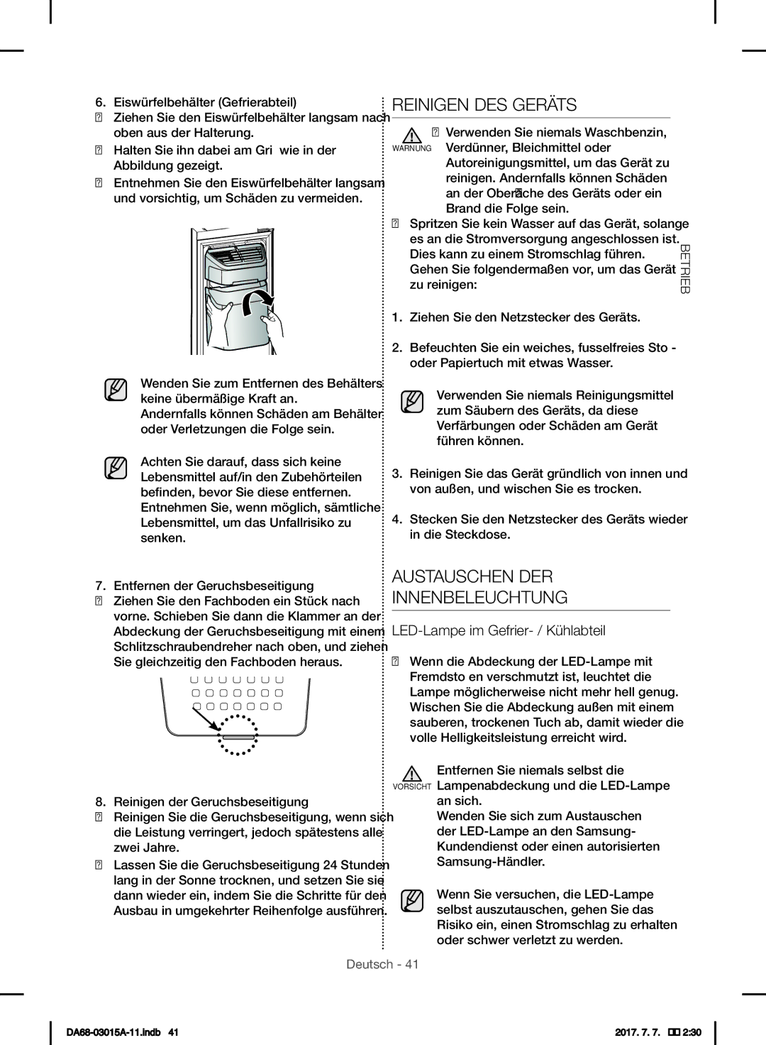 Samsung RH5GH90707F/EG manual Reinigen DES Geräts, Austauschen DER Innenbeleuchtung, LED-Lampe im Gefrier- / Kühlabteil 