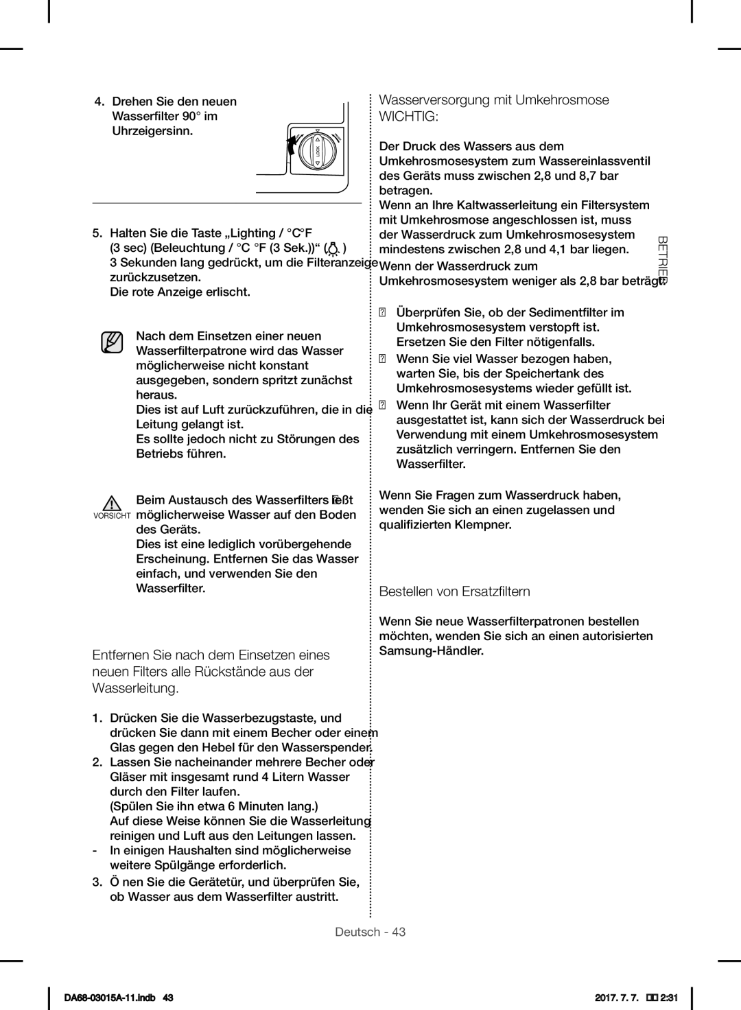 Samsung RH60H8160SL/EG, RH57H90707F/EG, RH5GH90707F/EG manual Wasserversorgung mit Umkehrosmose, Bestellen von Ersatzfiltern 