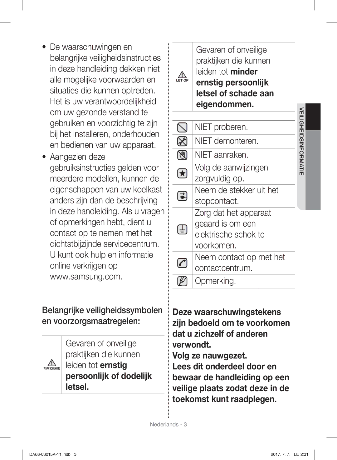 Samsung RH5GH90707F/EG, RH57H90707F/EG manual Belangrijke veiligheidssymbolen en voorzorgsmaatregelen, Veiligheidsinformatie 