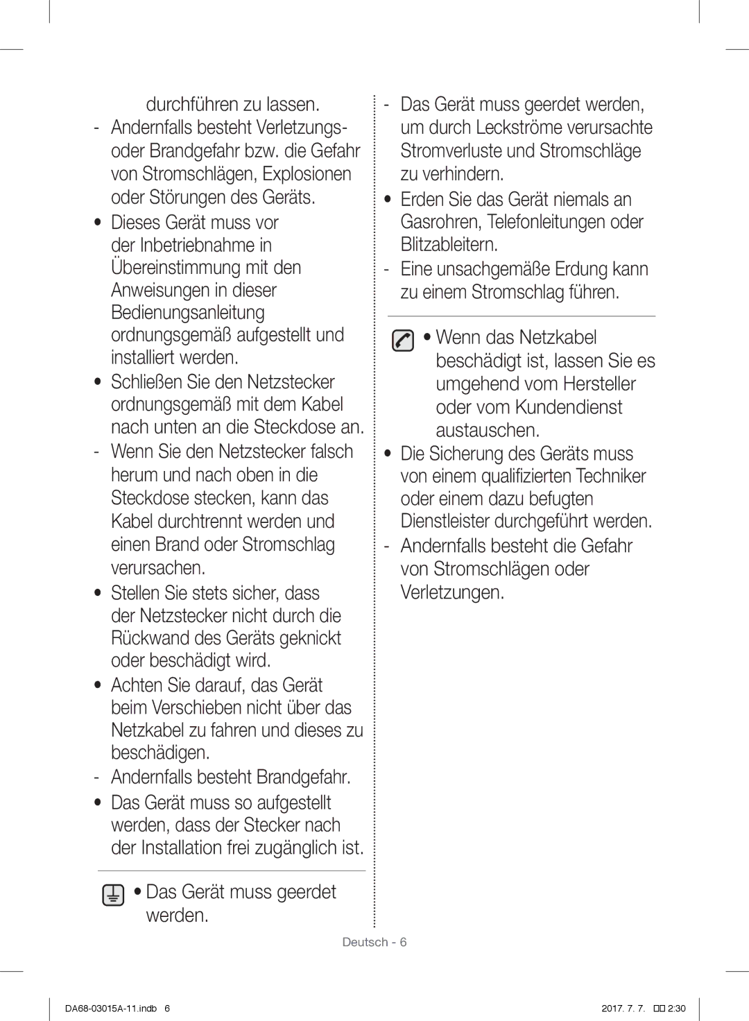 Samsung RH5GH90707F/EG, RH57H90707F/EG, RH57H90507F/EO manual Durchführen zu lassen, Andernfalls besteht Brandgefahr 