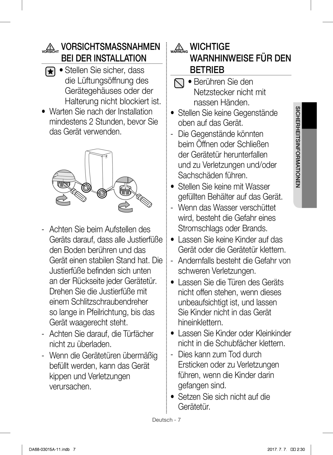 Samsung RH57H90507F/EO Wichtige Warnung Warnhinweise FÜR DEN Betrieb, Berühren Sie den Netzstecker nicht mit nassen Händen 