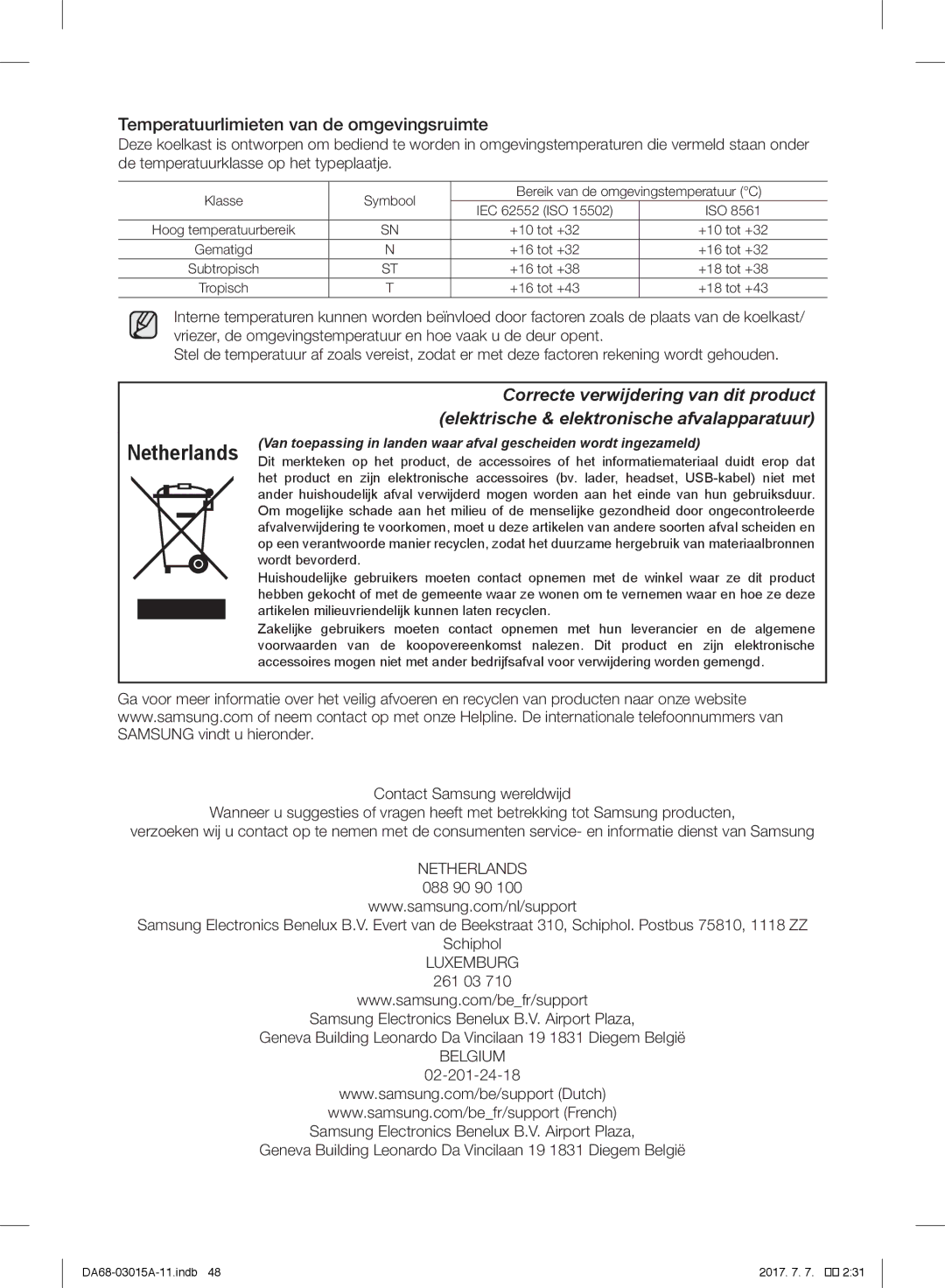 Samsung RH5GH90707F/EG, RH57H90707F/EG, RH57H90507F/EO manual Netherlands, Temperatuurlimieten van de omgevingsruimte 