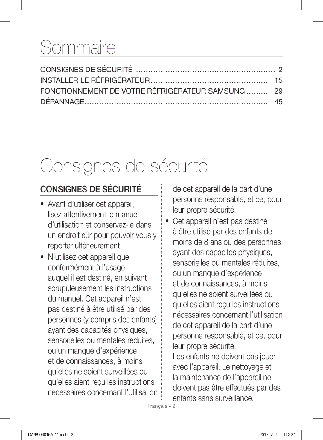 Samsung RH60H8160SL/EG, RH57H90707F/EG, RH5GH90707F/EG manual Sommaire, Consignes de sécurité, Consignes DE Sécurité 