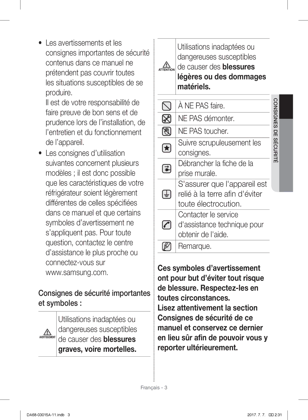 Samsung RH57H90507F/EF Consignes de sécurité importantes et symboles, Utilisations inadaptées ou, De causer des blessures 