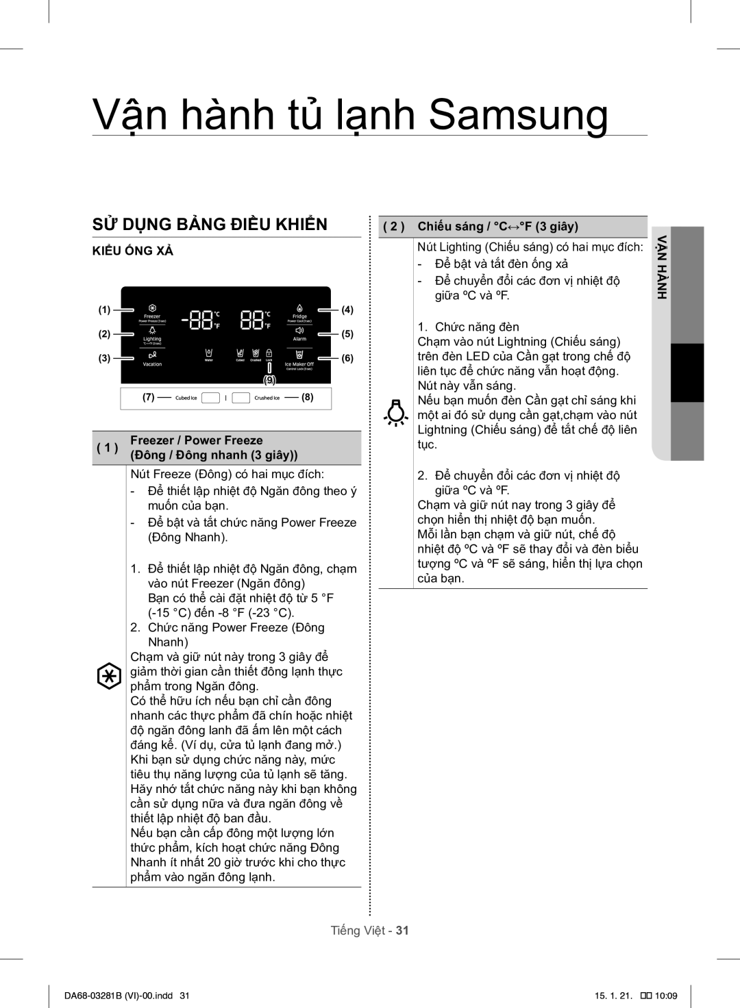 Samsung RH57J90407F/SV manual SỬ Dụng Bảng Điều Khiển, Chiếu sáng / C↔F 3 giây, Freezer / Power Freeze, Hànhvận 