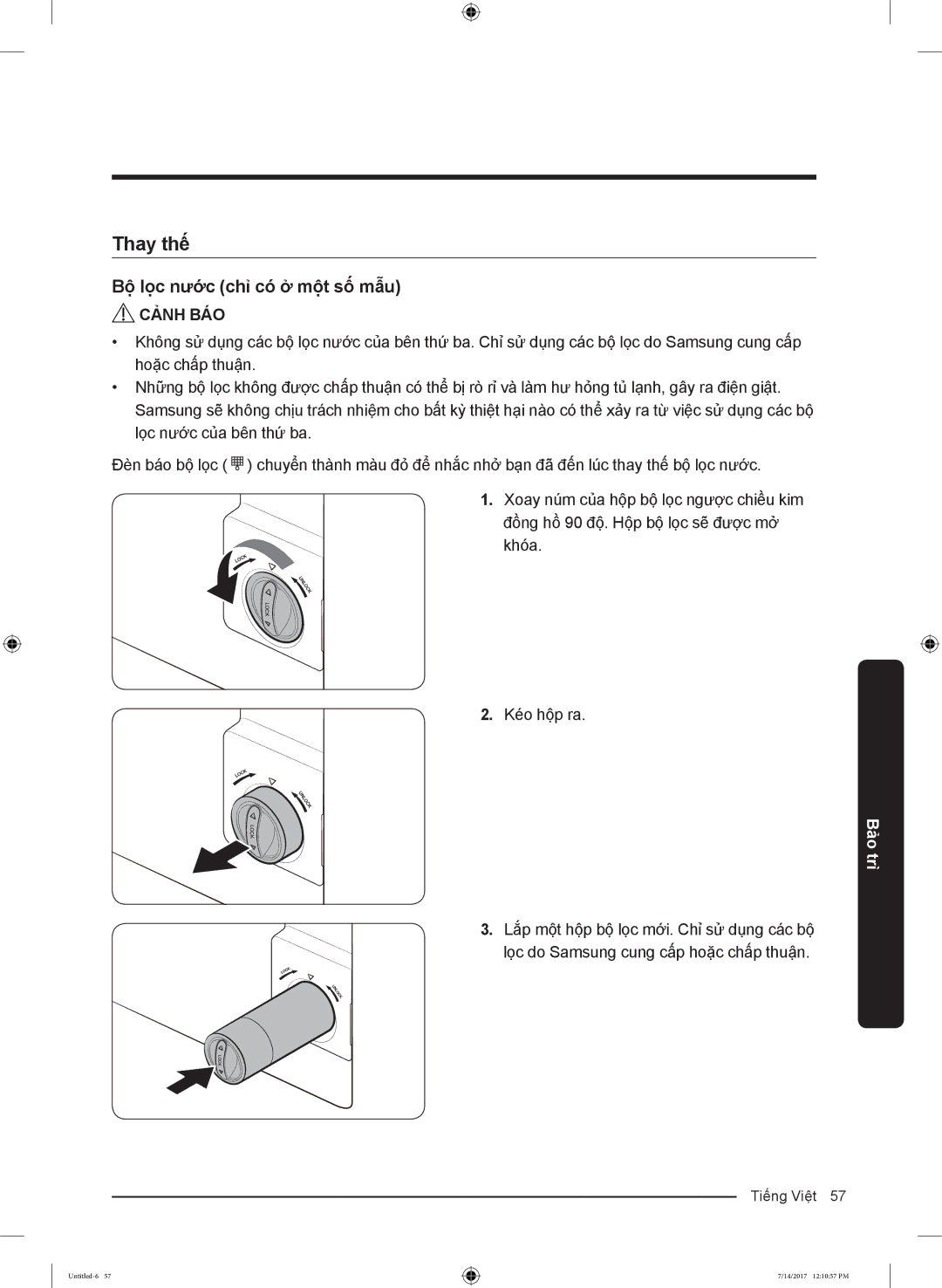 Samsung RH62K62377P/SV, RH58K6687SL/SV manual Thay thế, Bộ lọc nước chỉ có ở một số mẫu 