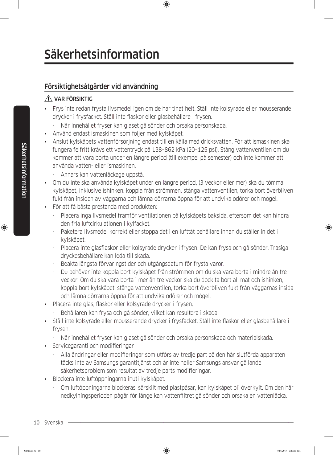 Samsung RH58K6697SL/EE manual Försiktighetsåtgärder vid användning 