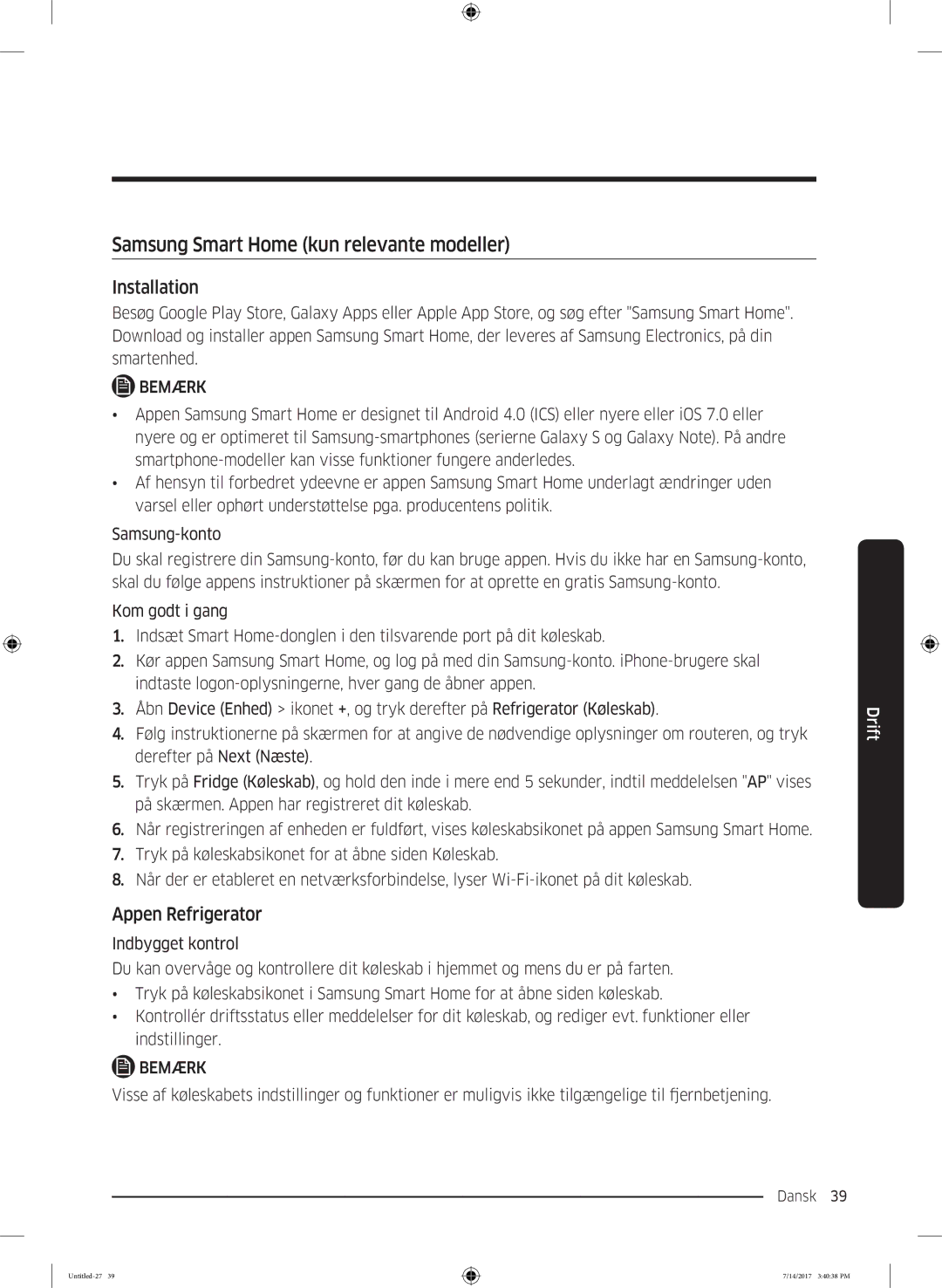 Samsung RH58K6697SL/EE manual Samsung Smart Home kun relevante modeller, Appen Refrigerator 