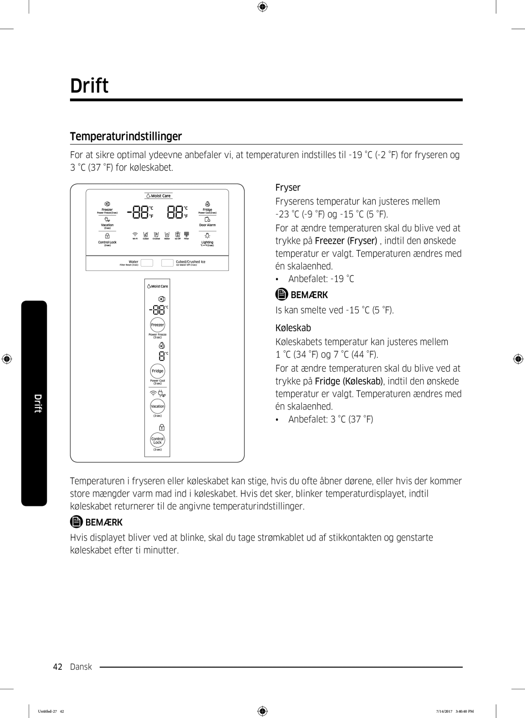 Samsung RH58K6697SL/EE manual Temperaturindstillinger 