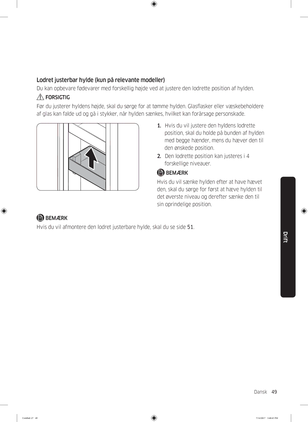 Samsung RH58K6697SL/EE manual Lodret justerbar hylde kun på relevante modeller 