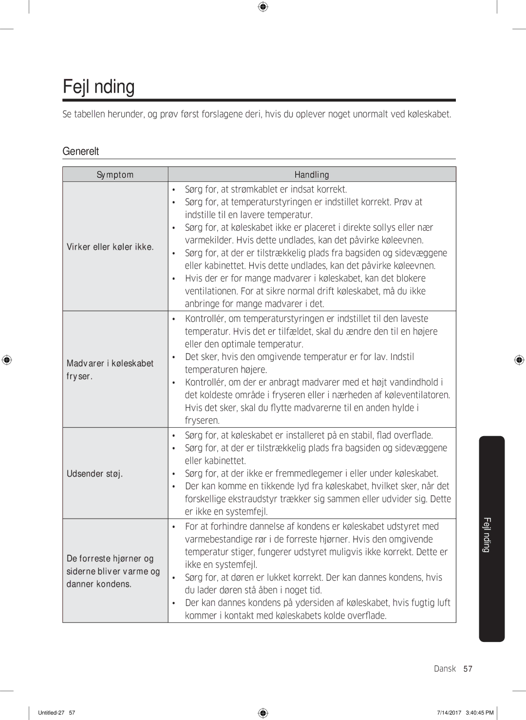 Samsung RH58K6697SL/EE manual Fejlfinding, Generelt 