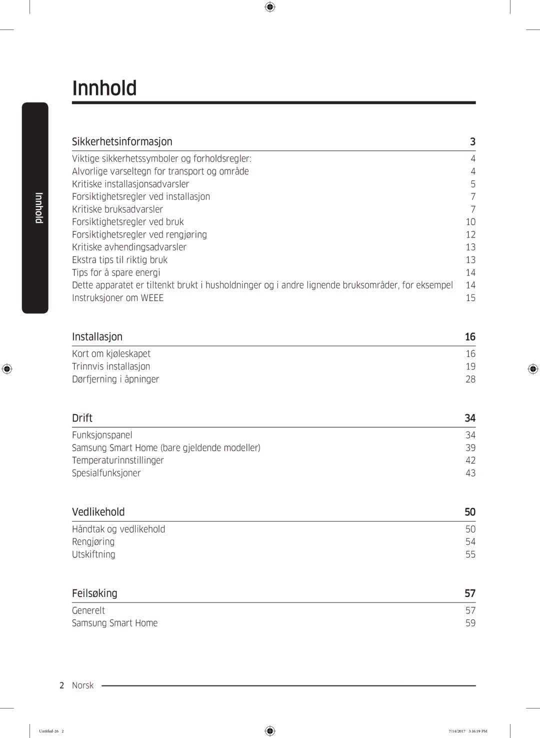 Samsung RH58K6697SL/EE manual Innhold, Sikkerhetsinformasjon, Installasjon, Vedlikehold, Feilsøking 