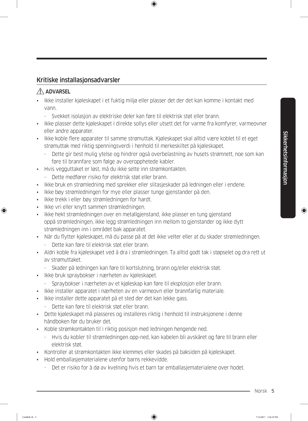 Samsung RH58K6697SL/EE manual Kritiske installasjonsadvarsler 