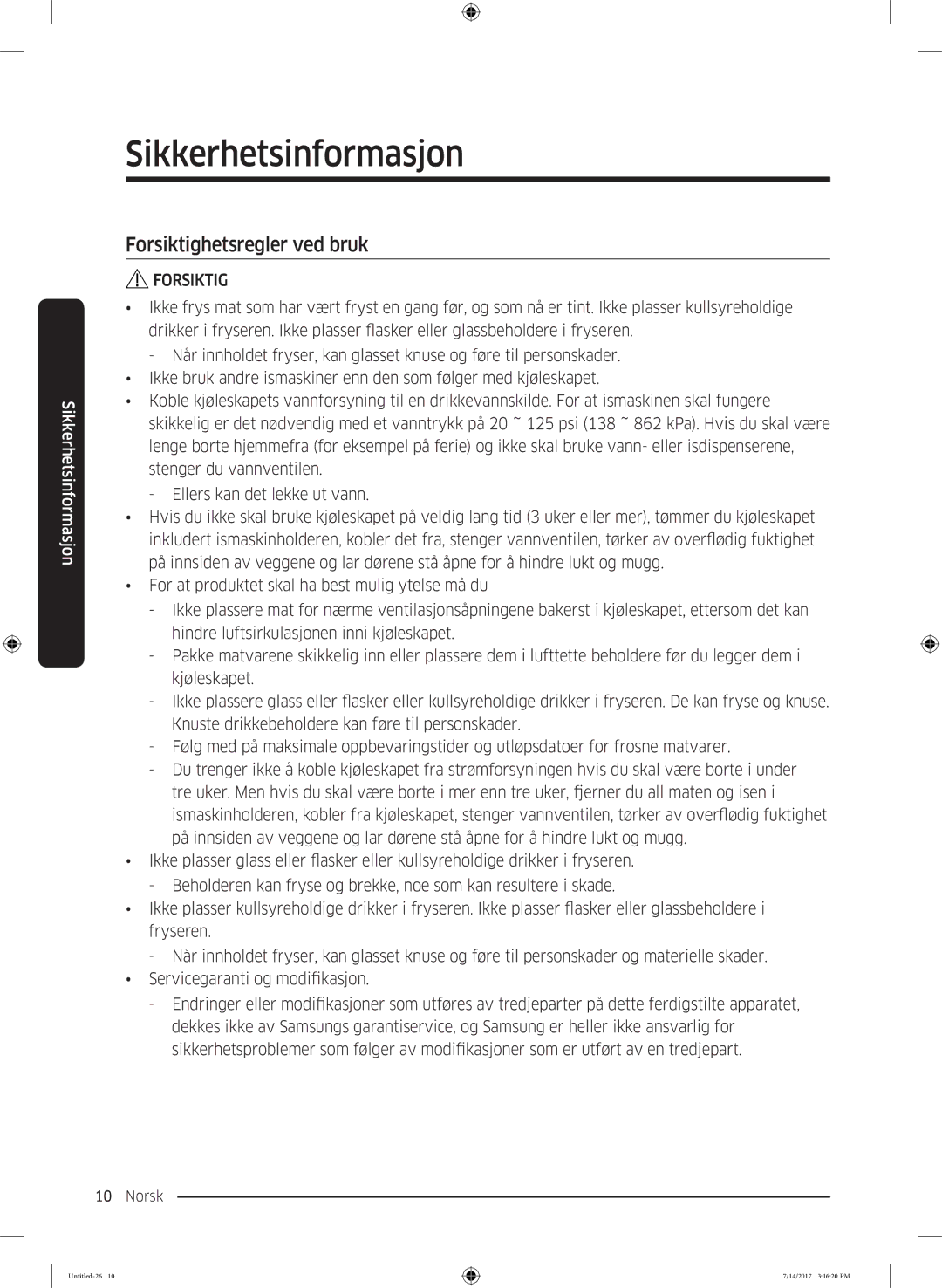 Samsung RH58K6697SL/EE manual Forsiktighetsregler ved bruk 