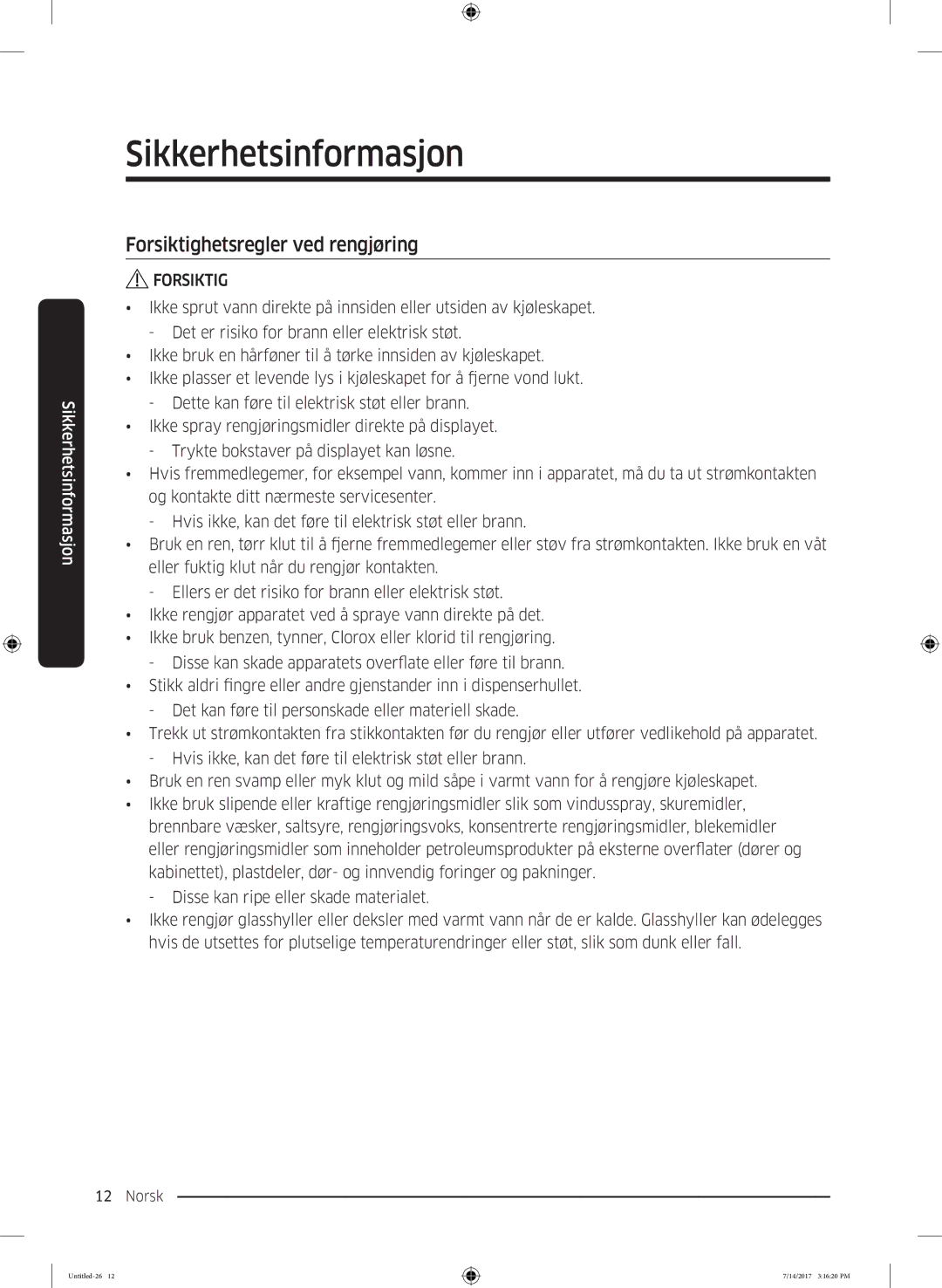 Samsung RH58K6697SL/EE manual Forsiktighetsregler ved rengjøring 