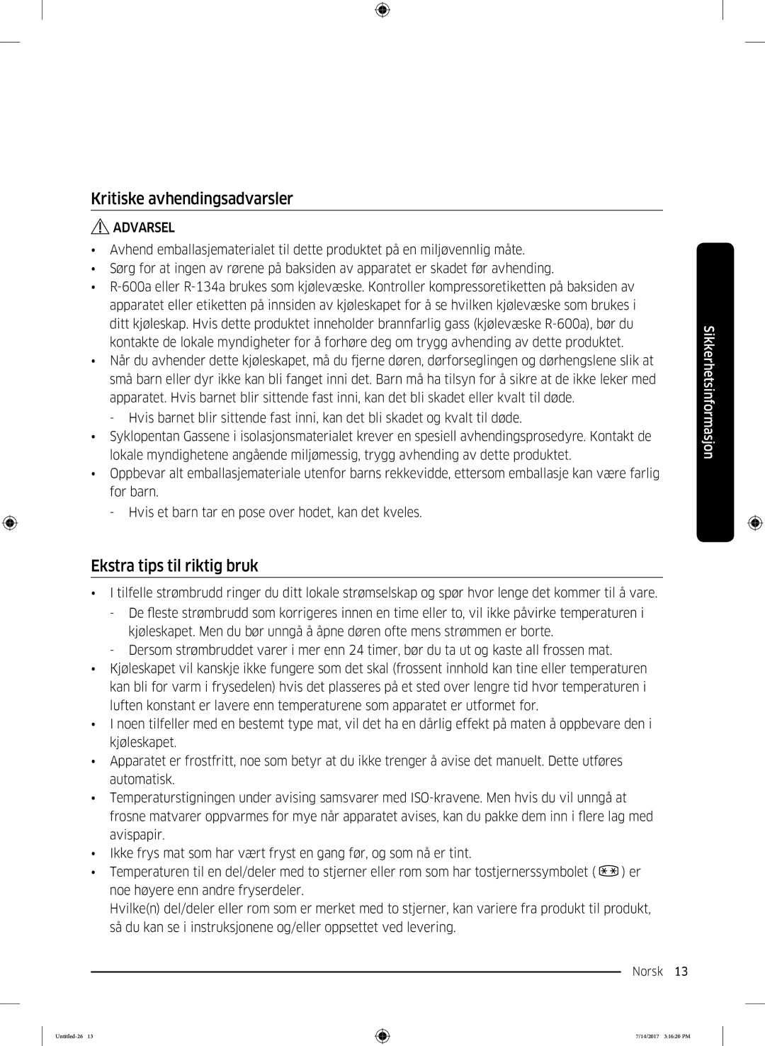 Samsung RH58K6697SL/EE manual Kritiske avhendingsadvarsler, Ekstra tips til riktig bruk 