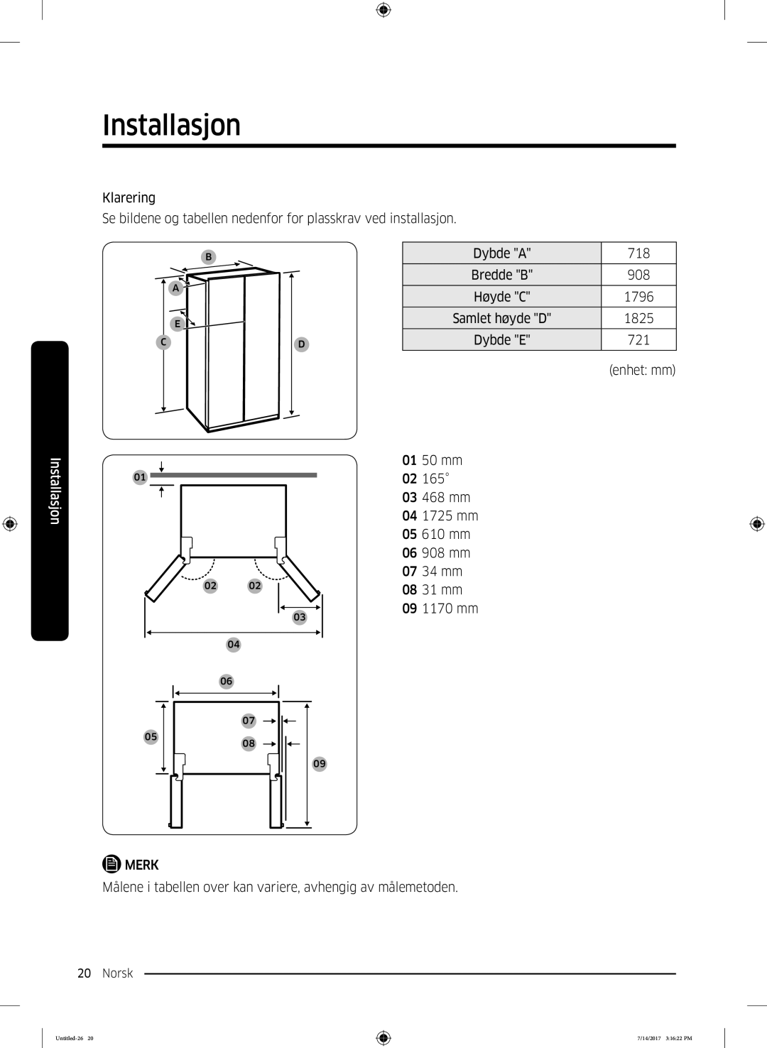 Samsung RH58K6697SL/EE manual Målene i tabellen over kan variere, avhengig av målemetoden 