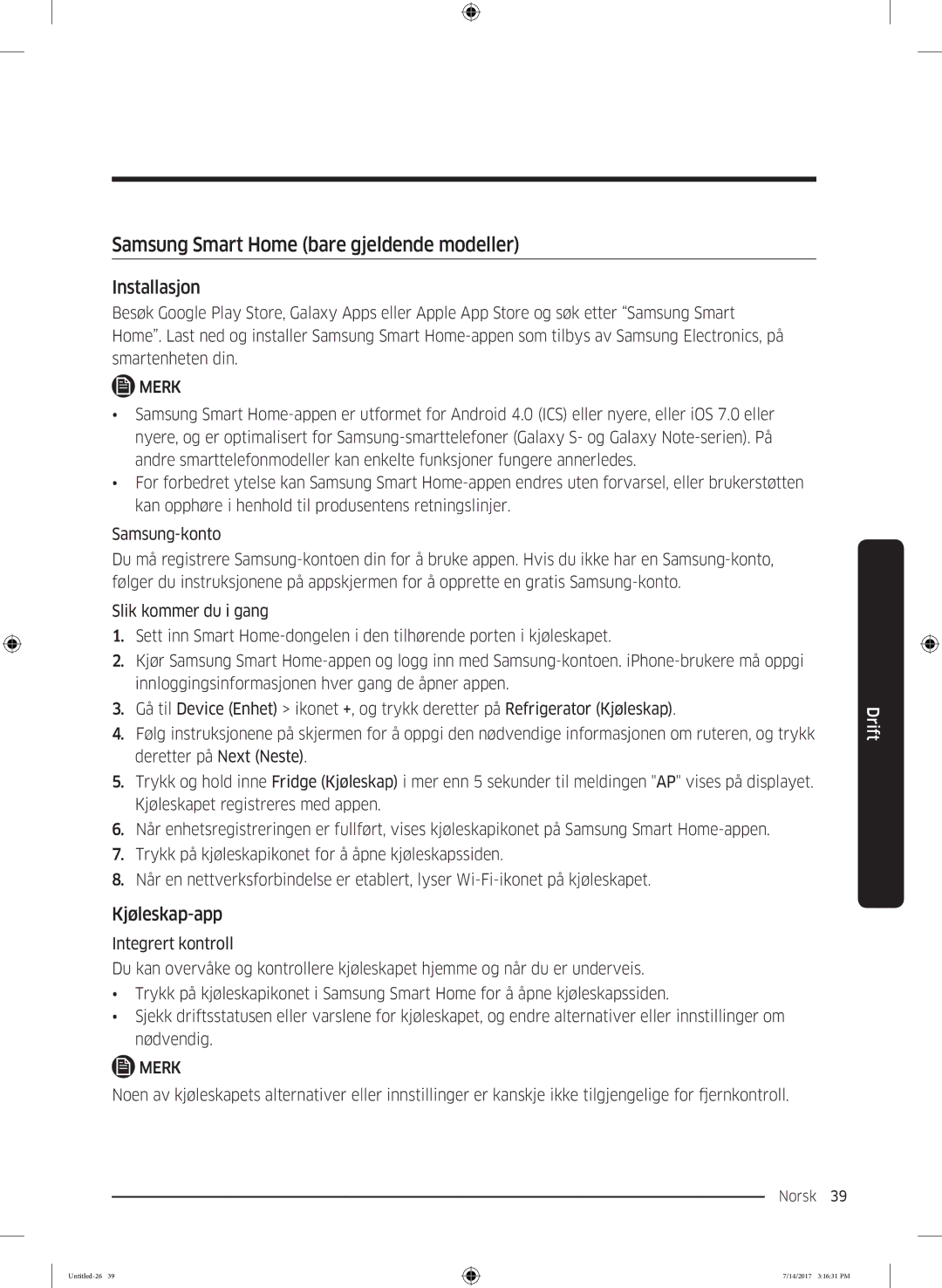 Samsung RH58K6697SL/EE manual Samsung Smart Home bare gjeldende modeller, Kjøleskap-app 