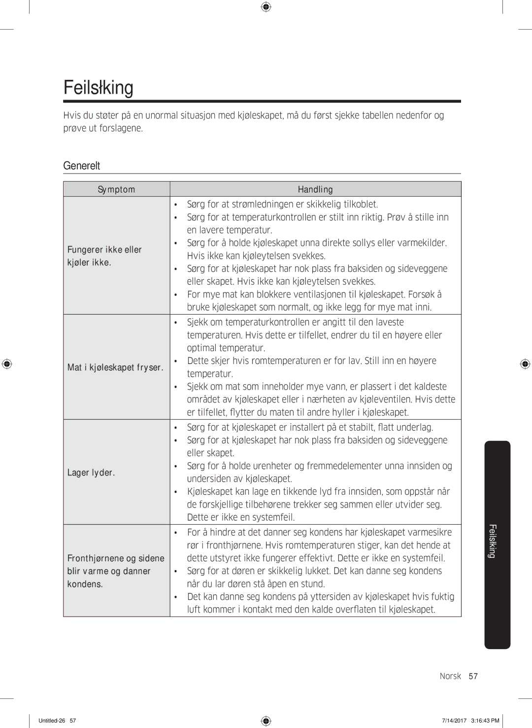 Samsung RH58K6697SL/EE manual Feilsøking, Generelt 