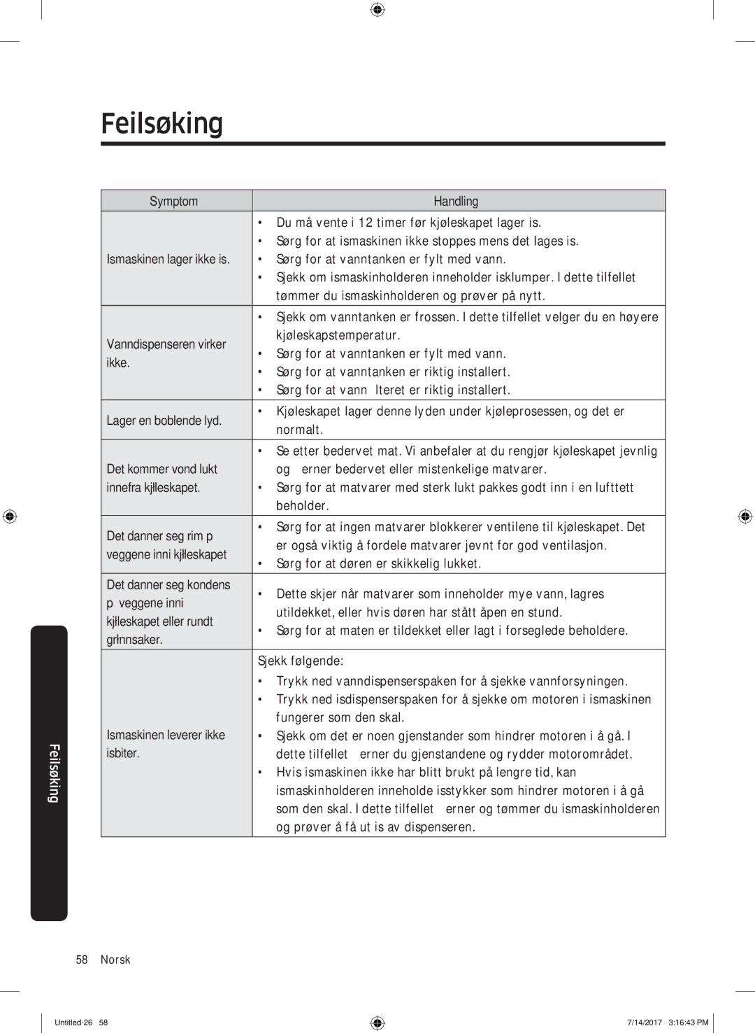 Samsung RH58K6697SL/EE manual Feilsøking 