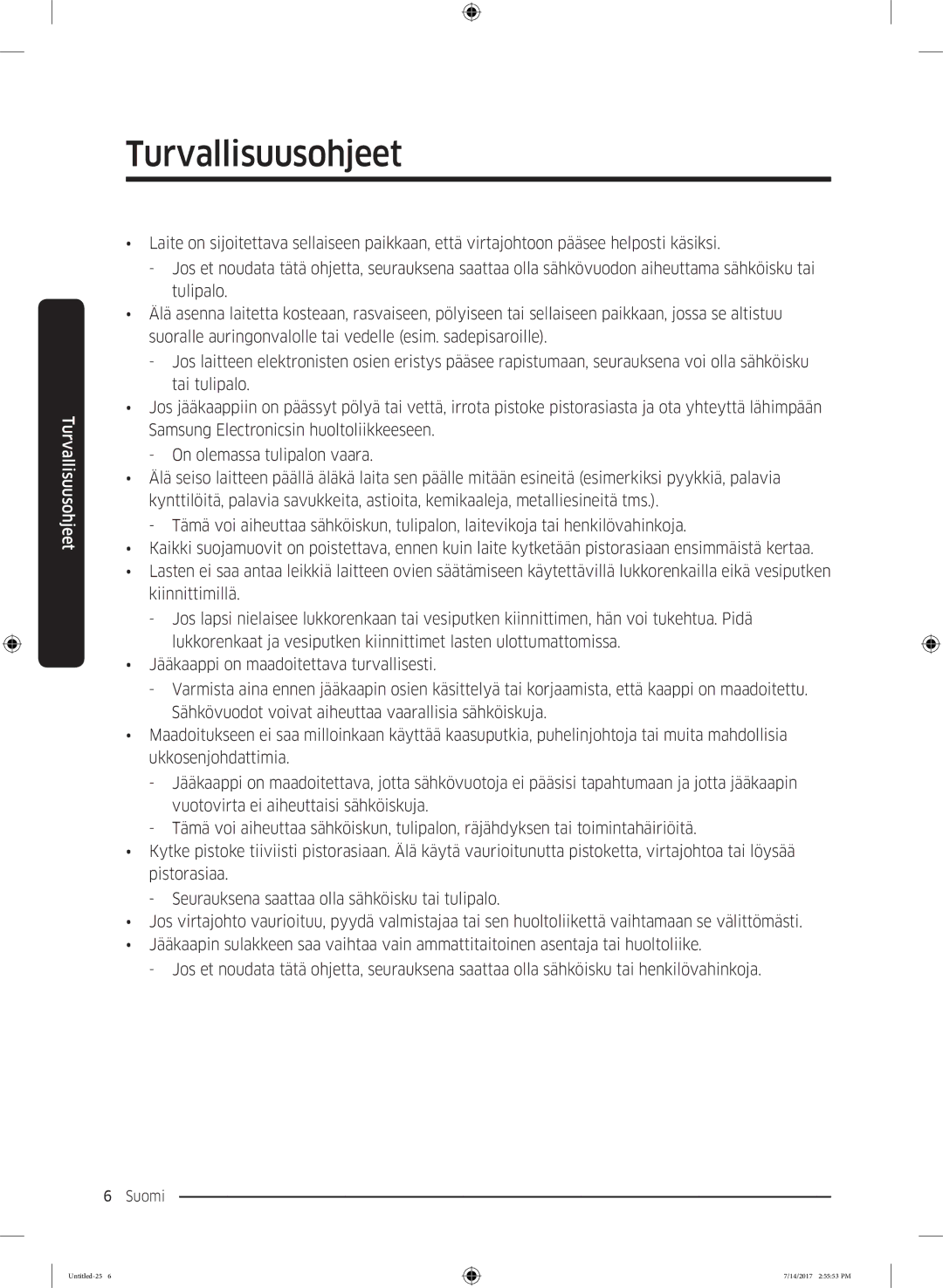 Samsung RH58K6697SL/EE manual Turvallisuusohjeet 