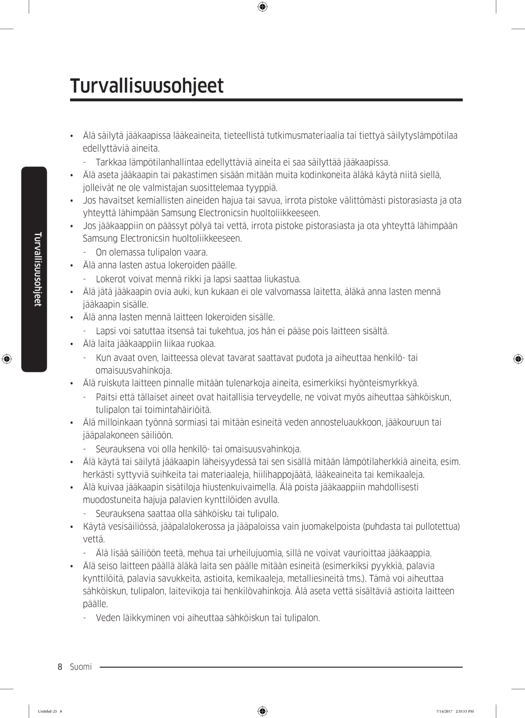 Samsung RH58K6697SL/EE manual Turvallisuusohjeet 