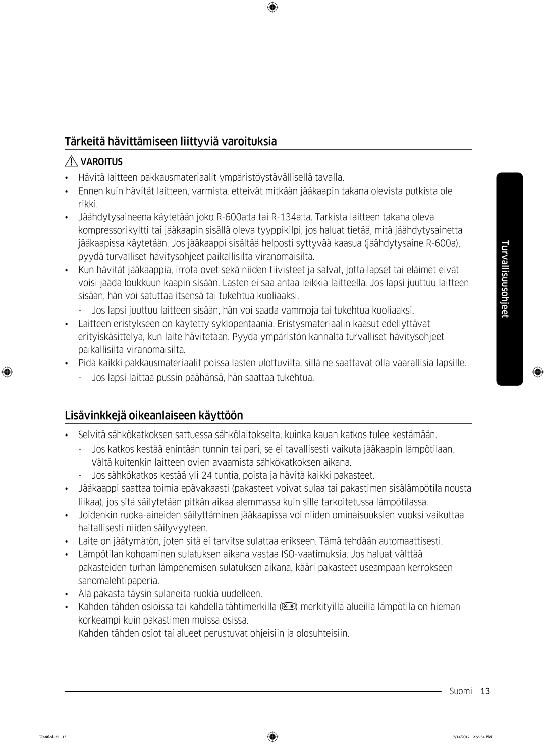 Samsung RH58K6697SL/EE manual Tärkeitä hävittämiseen liittyviä varoituksia, Lisävinkkejä oikeanlaiseen käyttöön 